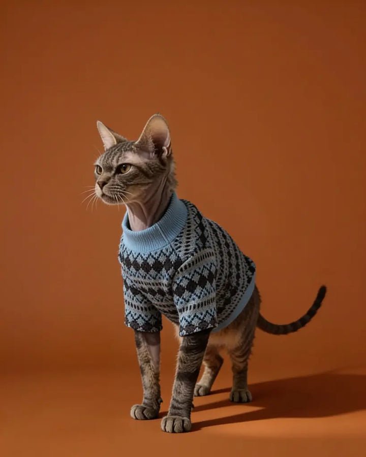 The cat is wearing a cozy, chunky-knit sweater in deep navy, patterned with light gray and icy-blue geometric diamonds for a classic Nordic look. It has a relaxed fit that covers the cat’s back and torso, a snug light-blue turtleneck, and gray-blue striped trim at the cuffs and hem.