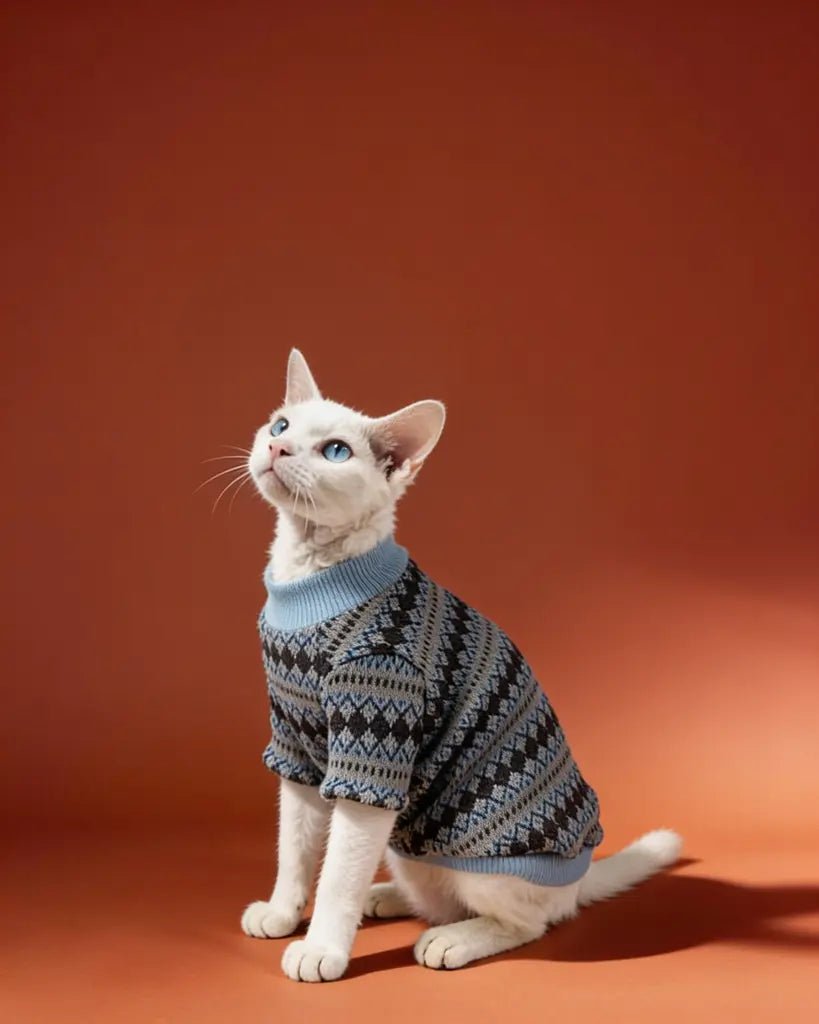 The cat is wearing a cozy, chunky-knit sweater in deep navy, patterned with light gray and icy-blue geometric diamonds for a classic Nordic look. It has a relaxed fit that covers the cat’s back and torso, a snug light-blue turtleneck, and gray-blue striped trim at the cuffs and hem.