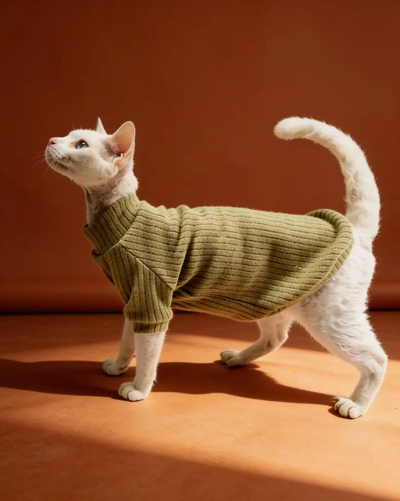 White Sphynx cat wearing an olive green ribbed polar fleece sweater