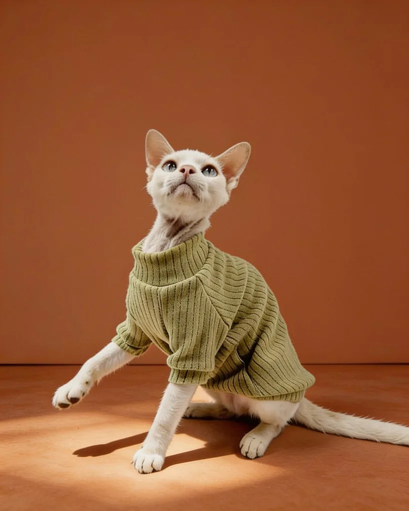 White Sphynx cat wearing an olive green ribbed polar fleece sweater