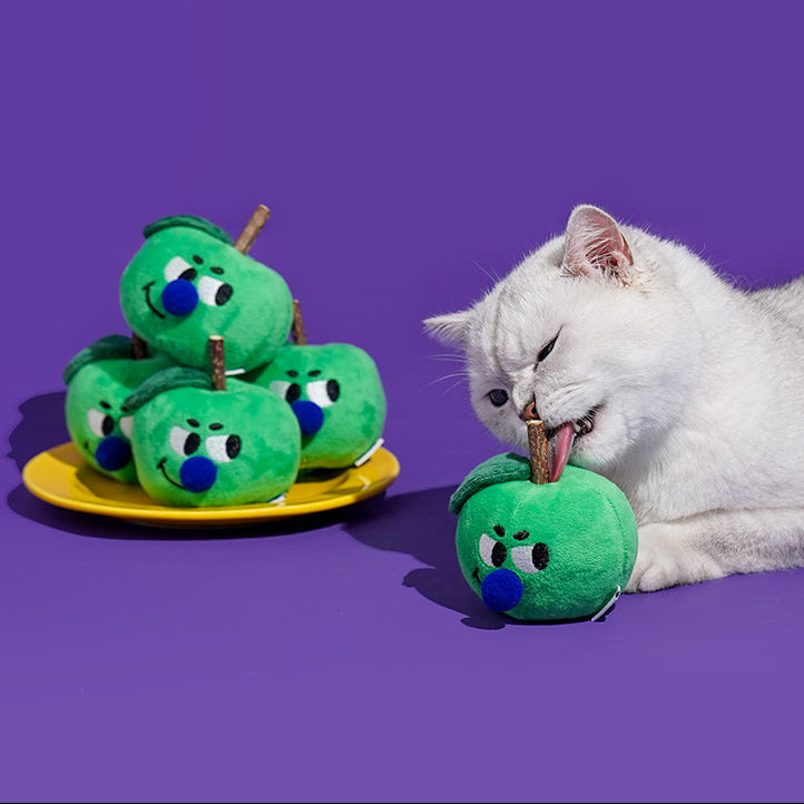 Interactive green apple chew toy for playful cats 
