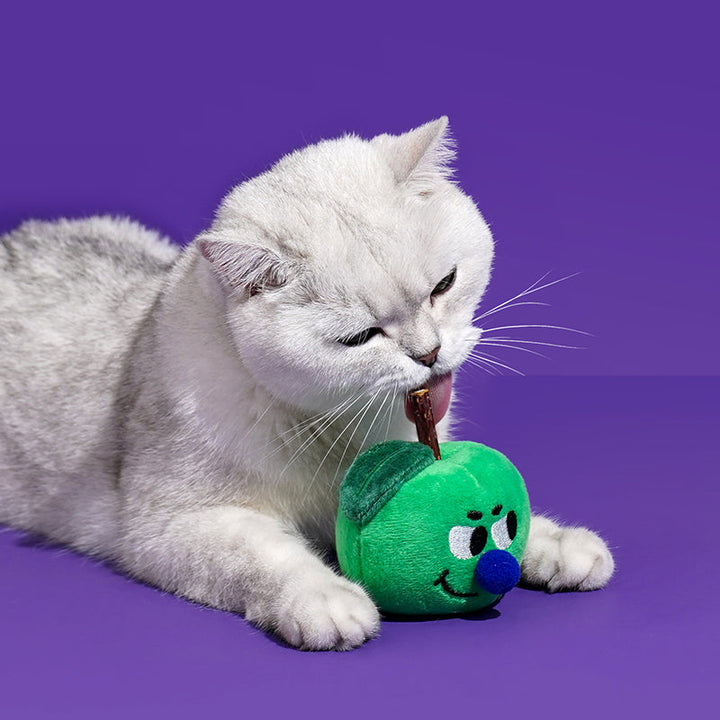 Green apple cat toy with natural silvervine stick for interactive chewing 