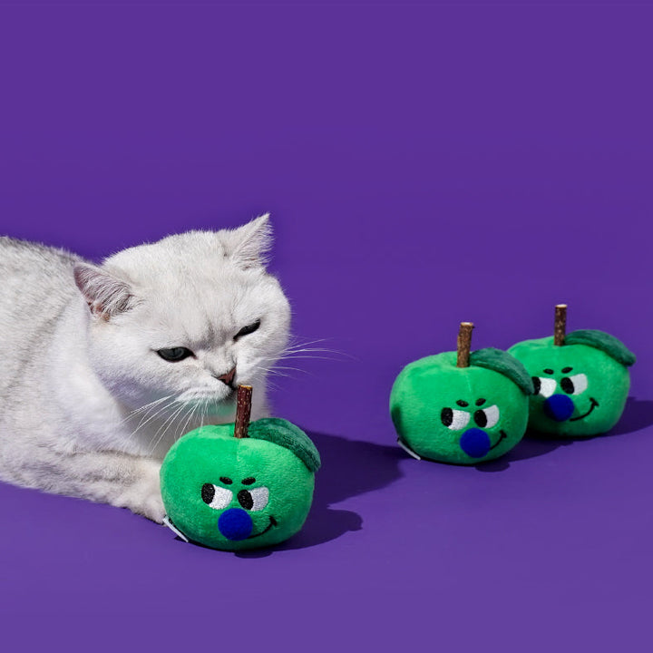 Small cat plush toy shaped like green apple with matatabi stick 