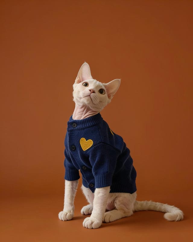 Cat wearing a blue sweater with a yellow heart on a plain wall.