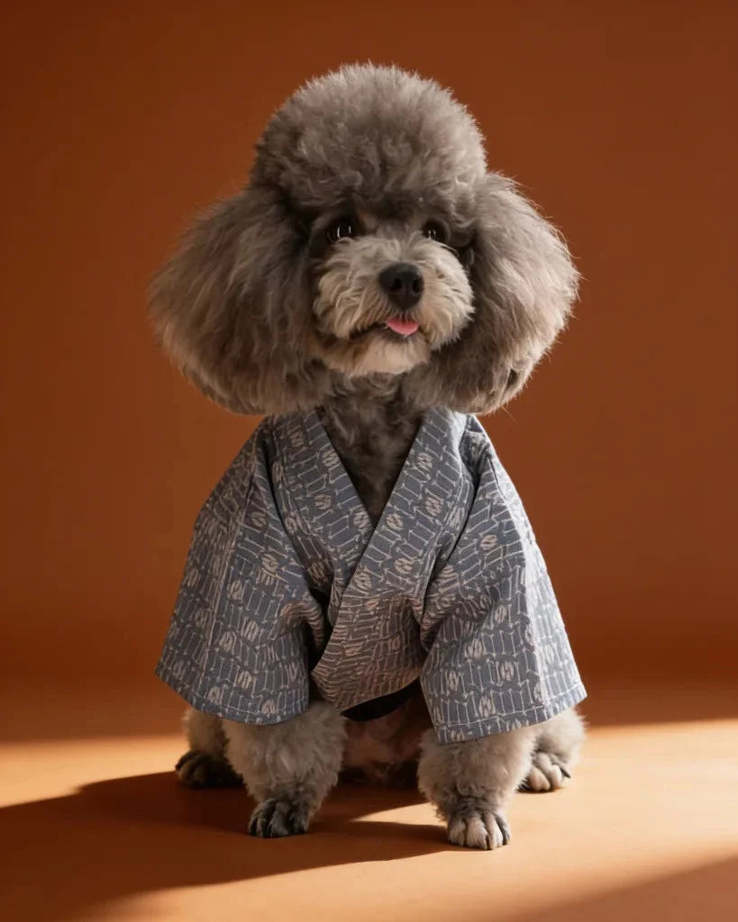 A small gray poodle wearing a light blue and white patterned kimono-style dog jacket with a dark navy harness.
