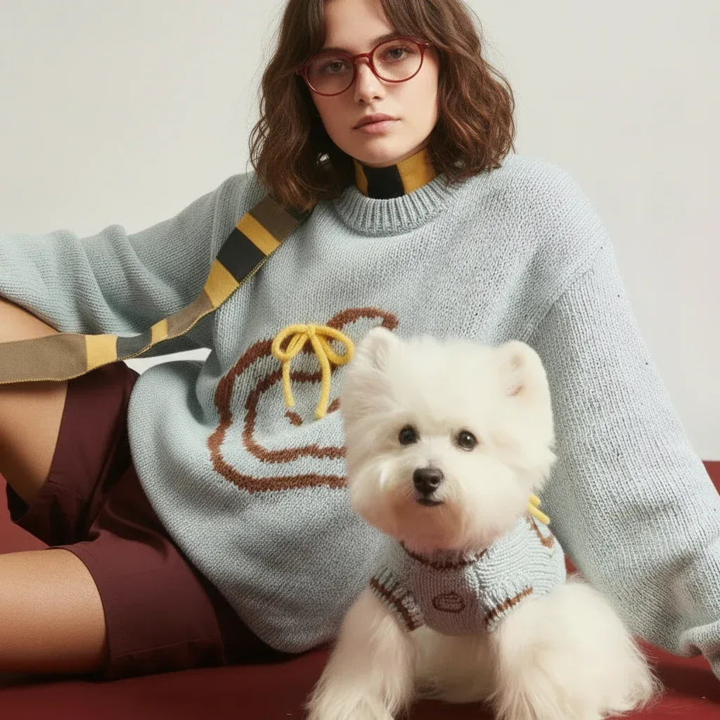 Woman wearing a sweater with a dog wearing a matching sweater, both sitting on a red surface.