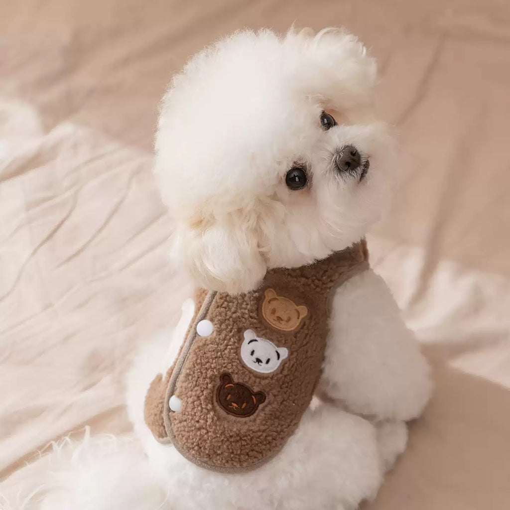 Small white dog wearing a brown fleece vest with bear designs on a soft beige background
