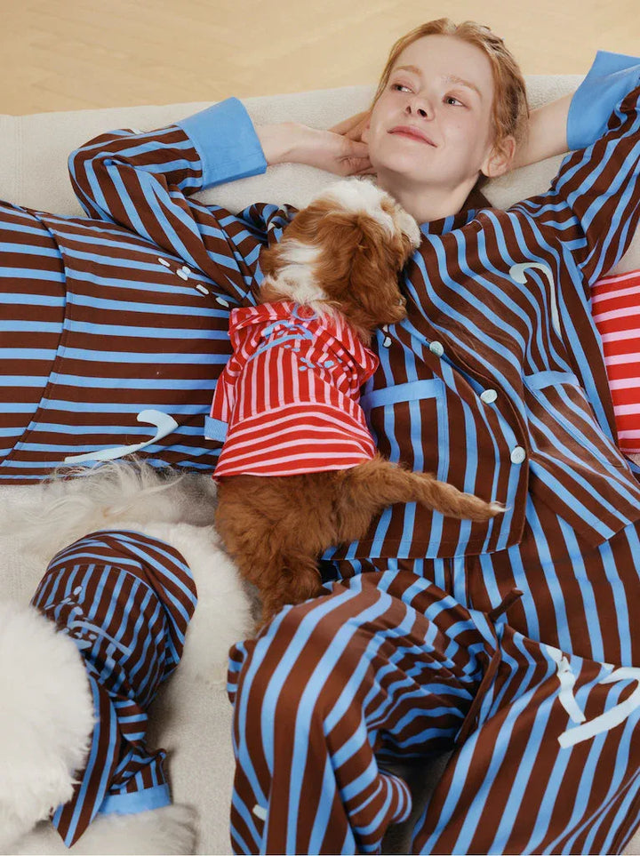 Love Stripe Pet Human Matching Pajamas in Mocca Blue