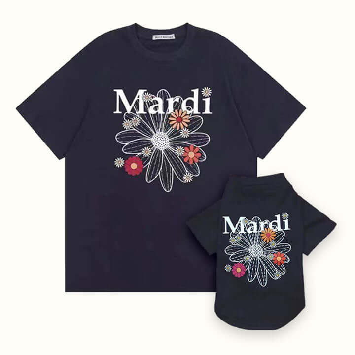 Black pet and owner matching t-shirts with white &