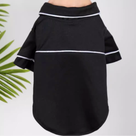 Black pet pajamas with white trim on a plain background