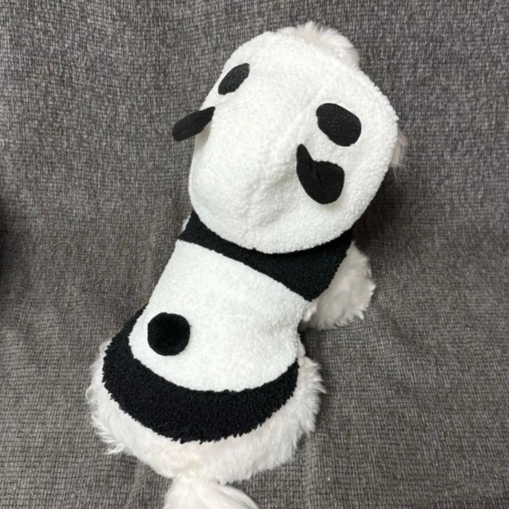 Small white dog wearing a panda costume on a gray background