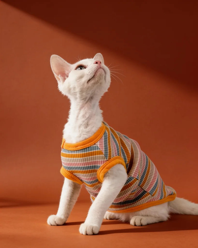 White Sphynx cat wearing a colorful striped cotton tank top with bright orange trim