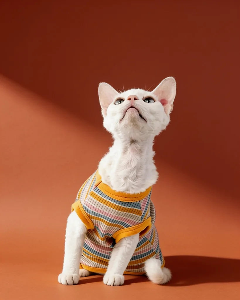 White Sphynx cat wearing a colorful striped cotton tank top with bright orange trim