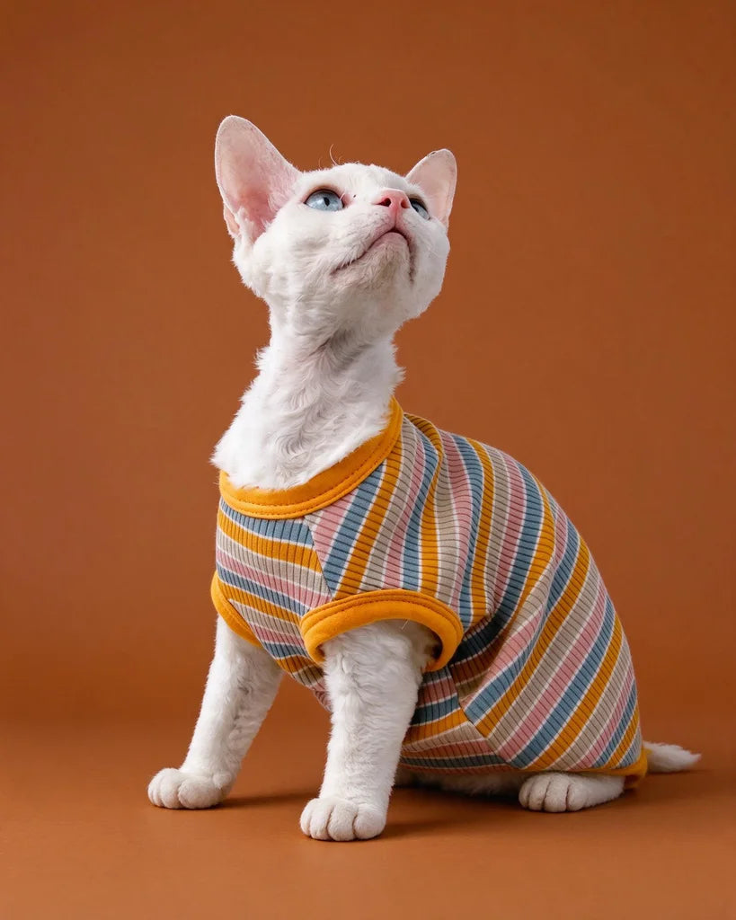 White Sphynx cat wearing a colorful striped cotton tank top with bright orange trim