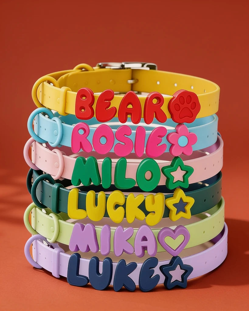 Personalized Silicone Dog Collar with Custom Name (Magenta &amp; Red Letters)