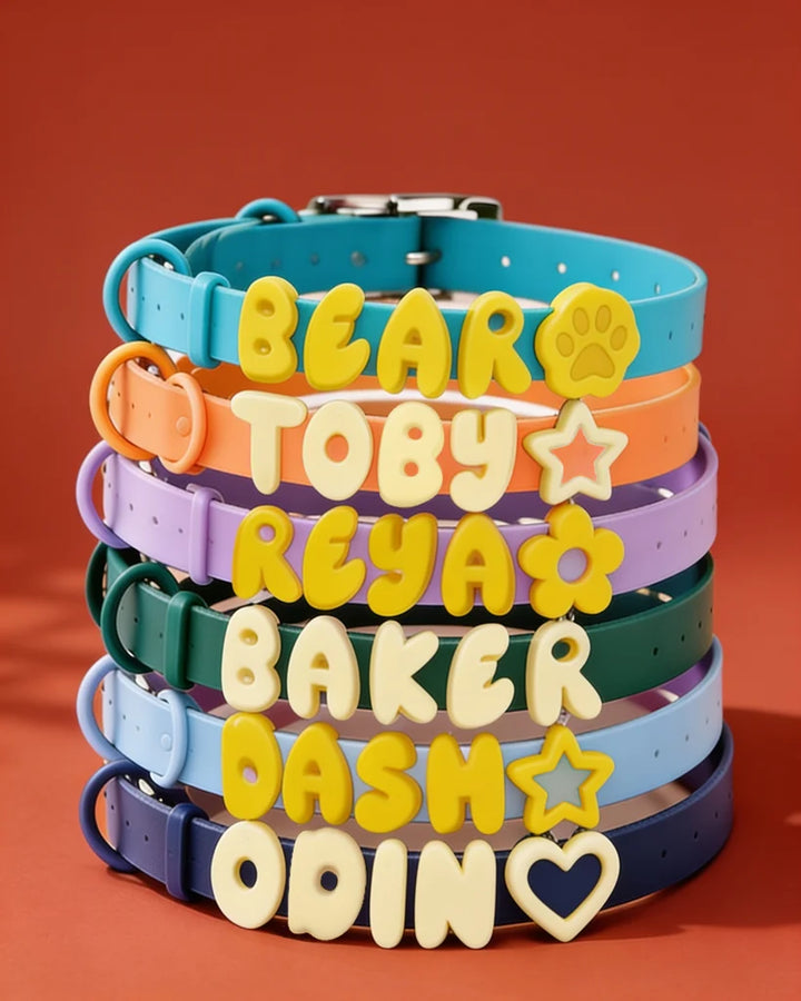 Personalized Silicone Dog Collar with Custom Name (Yellow &amp; Cream Letters)