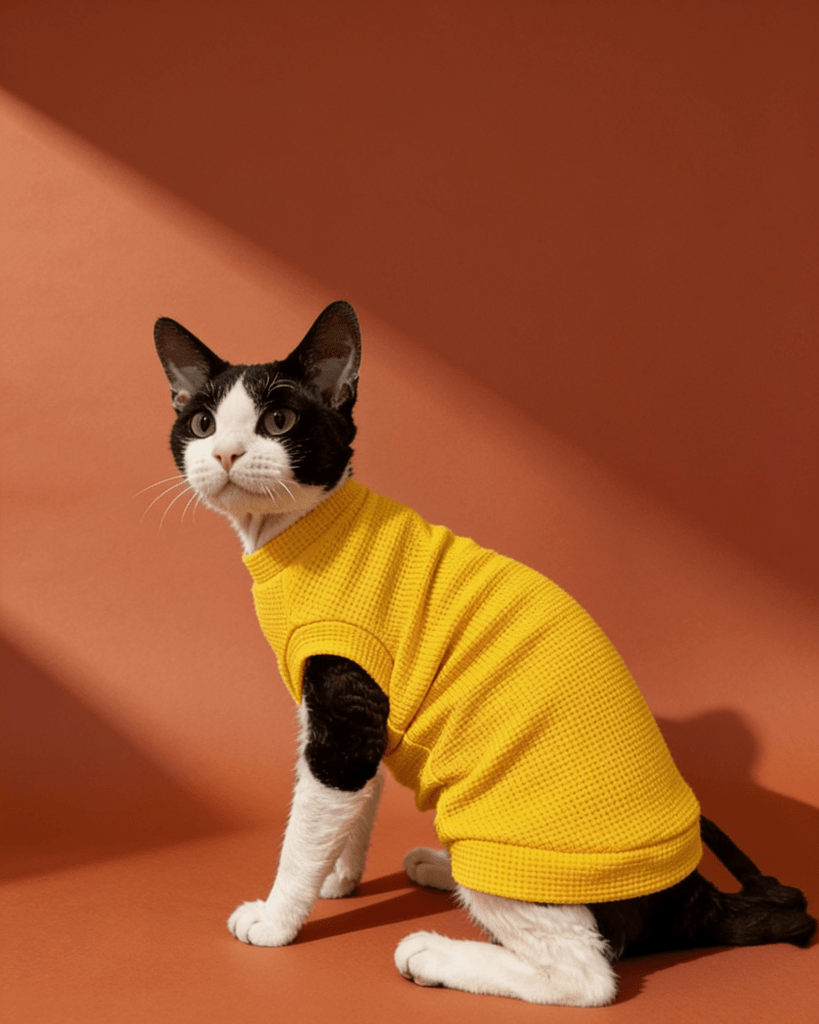 Pure cotton waffle vest for Sphynx cats, warm short sleeve pet clothing for cold weather