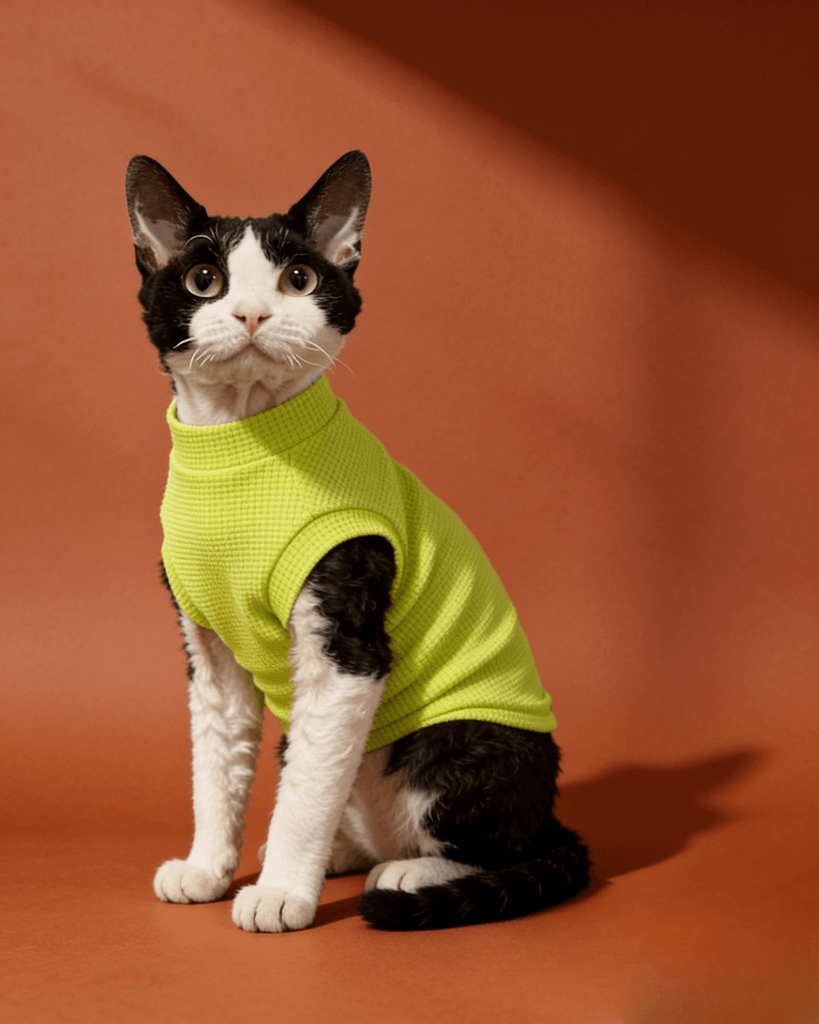 A black and white cat wearing a bright lime green waffle-knit mock neck vest
