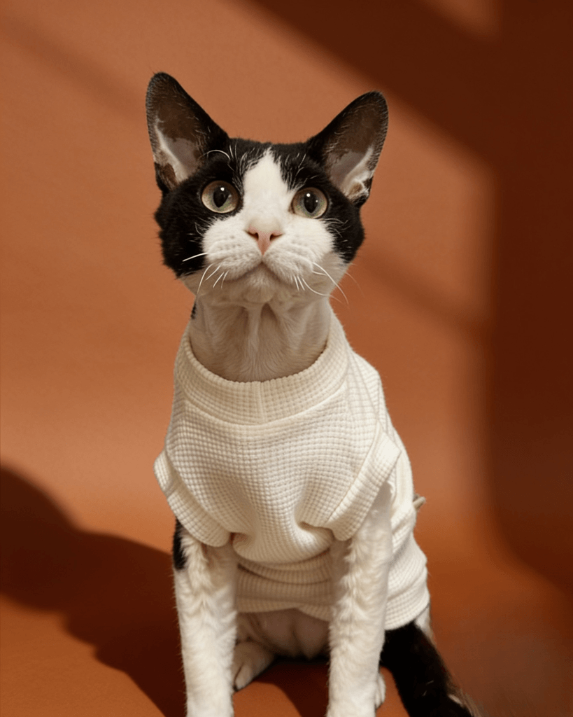 A black and white cat wearing a cream-colored waffle vest.