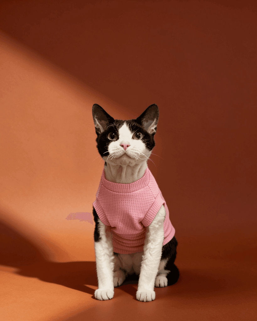 A black and white cat wearing a pink waffle pet vest.