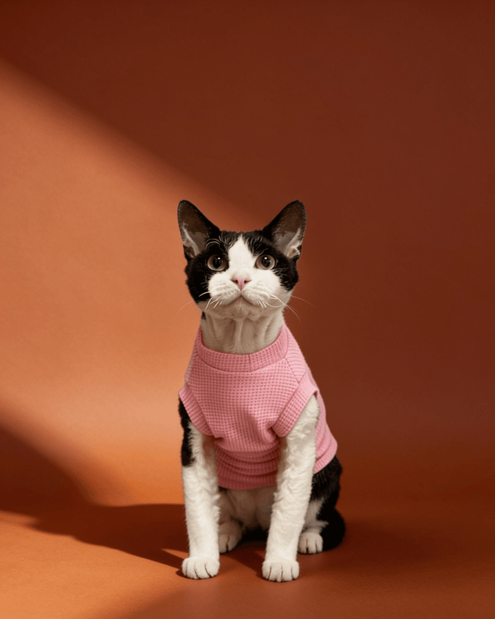 A black and white cat wearing a pink waffle pet vest.
