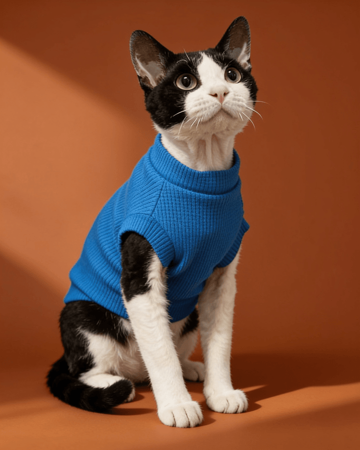 A black and white cat wearing a blue vest