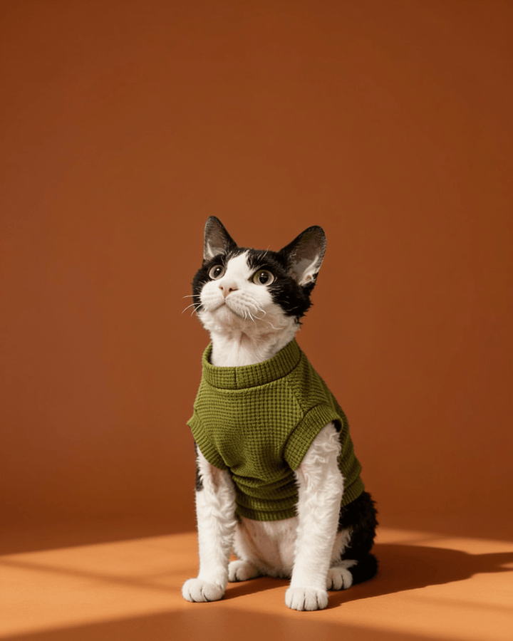 A black and white cat wearing an olive green waffle vest.