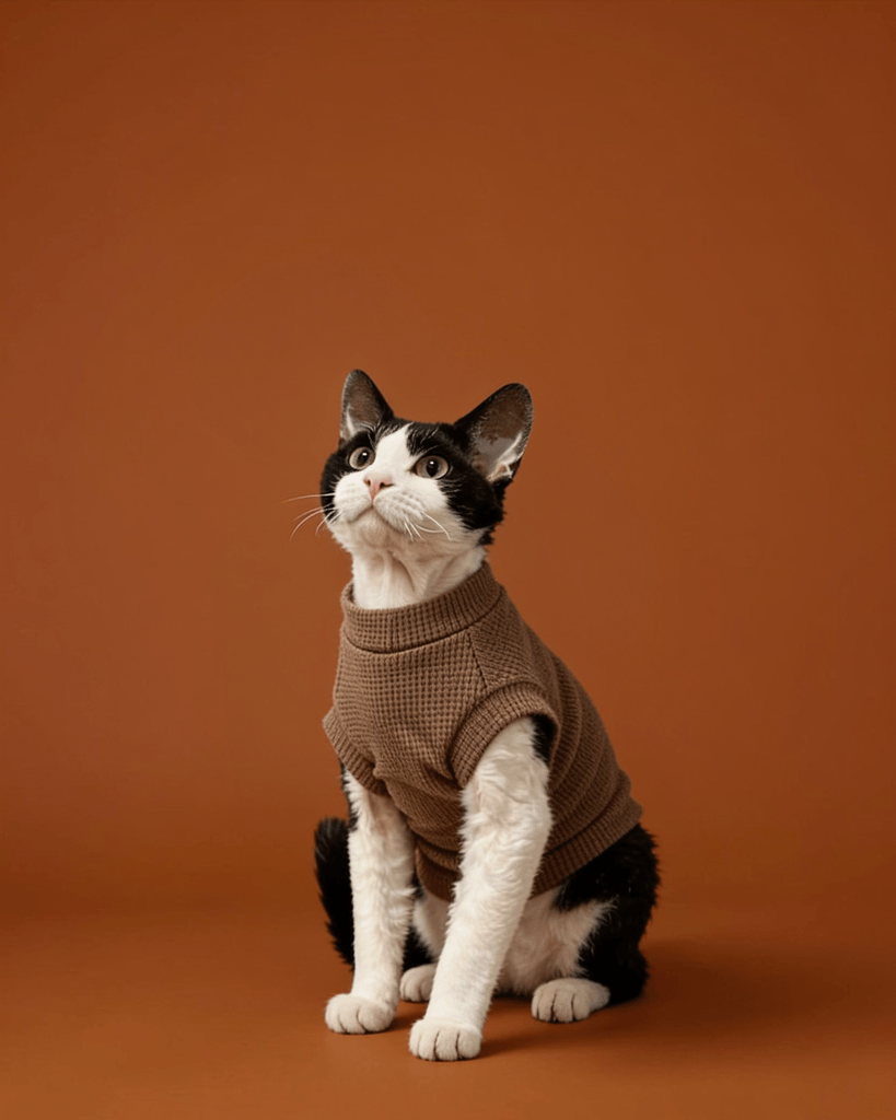 A black and white cat wearing a brown vest.