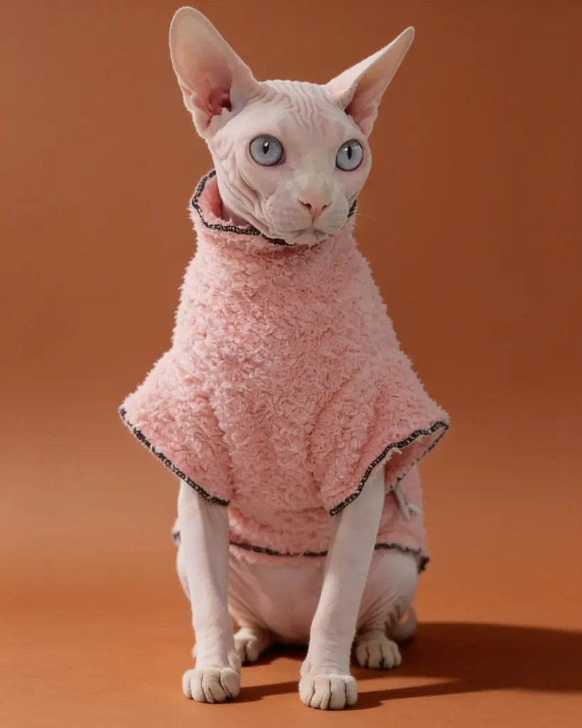 Sphynx cat wearing a pink coral fleece sweater for autumn and winter warmth