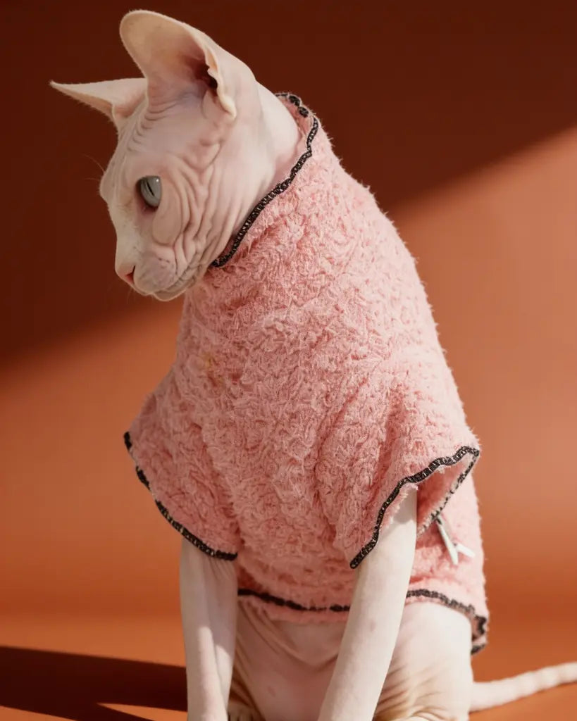 Sphynx cat wearing a pink coral fleece sweater for autumn and winter warmth
