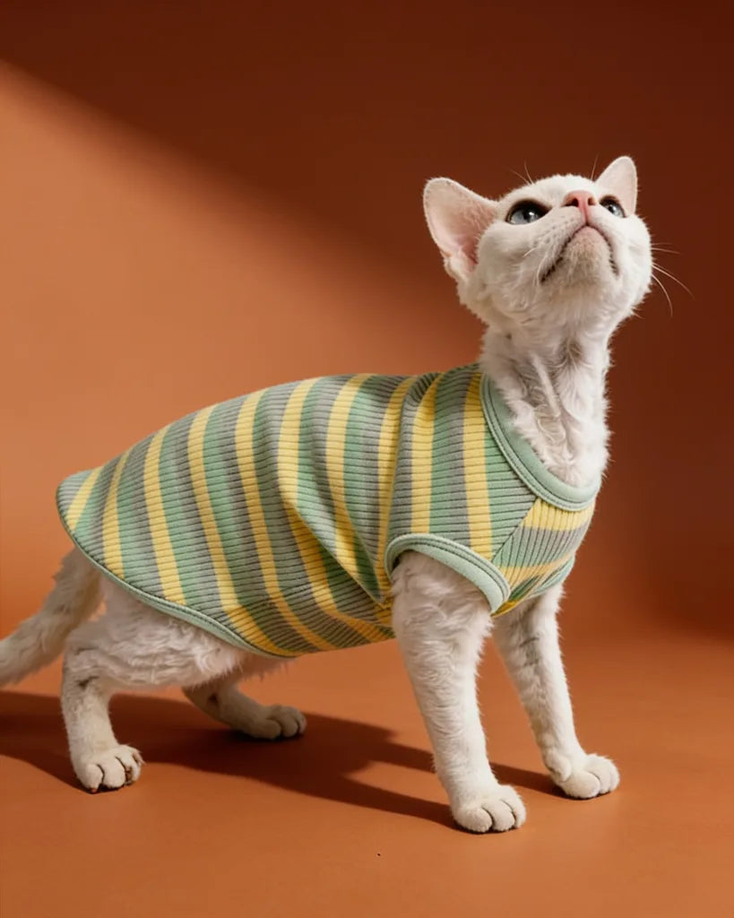 Sage Butter Soft Cotton Striped Spring Sphynx Cat Tee