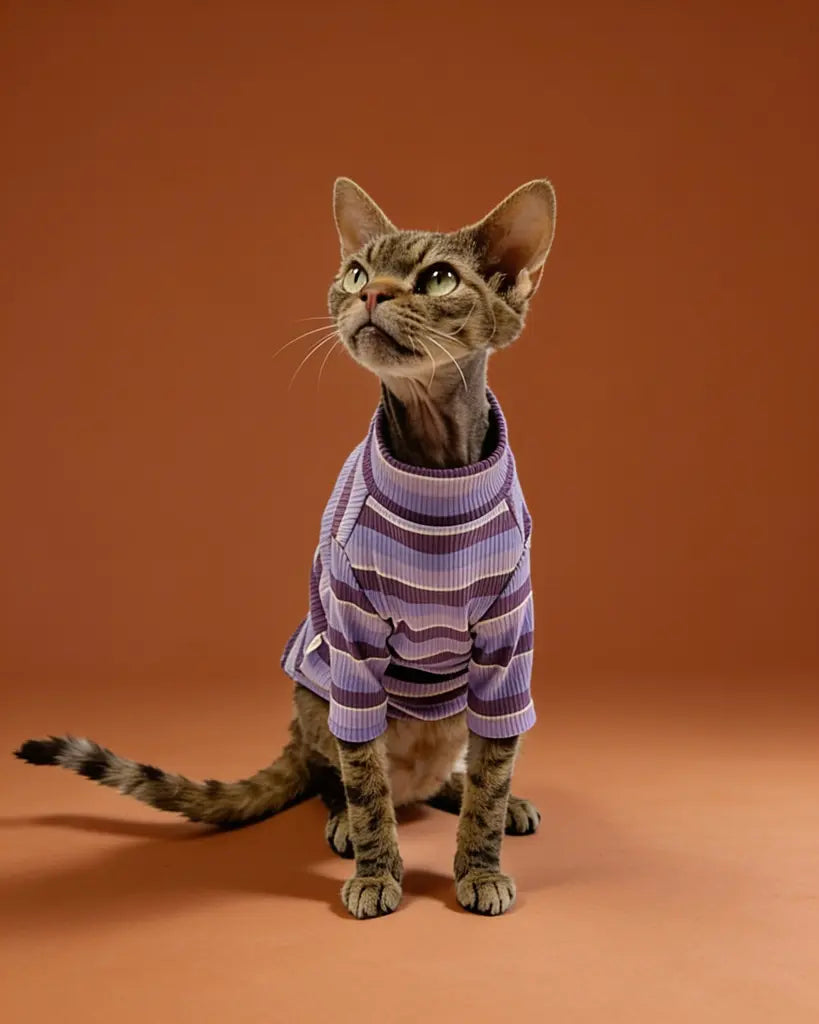 Sphynx cat wearing a comfortable striped spring t-shirt indoors