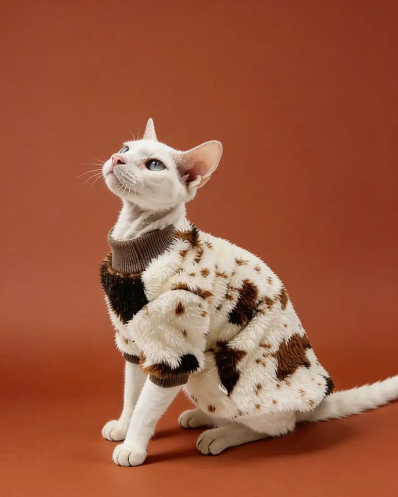 Sphynx cat wearing a brown and black patterned sweater for winter warmth