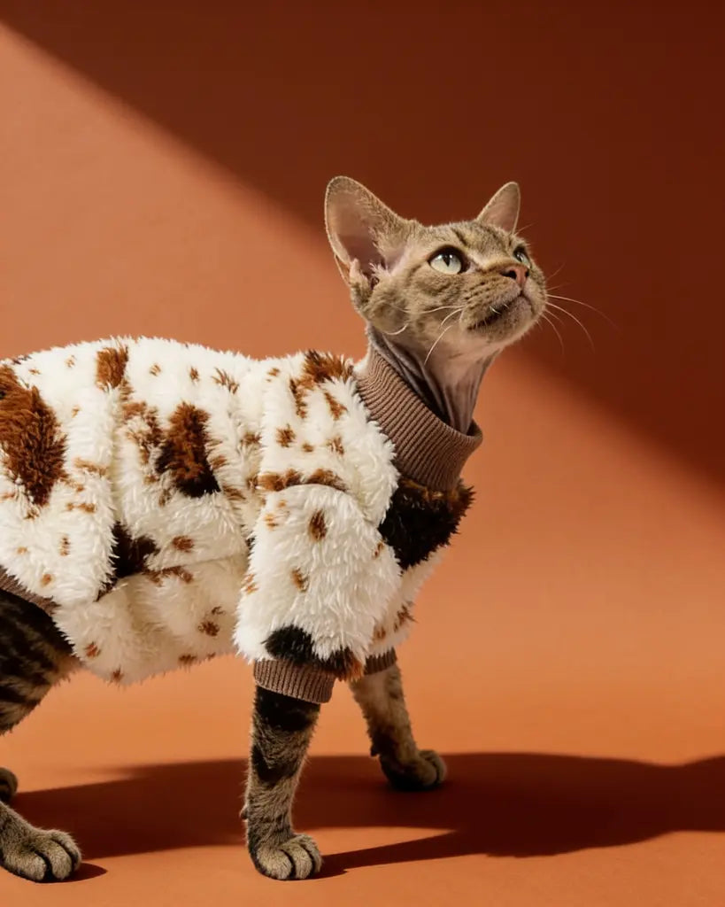 Sphynx cat wearing a soft double-sided fleece sweater for winter warmth