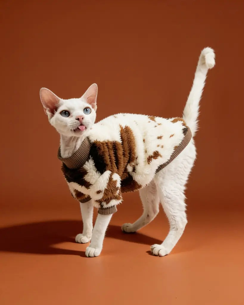 Sphynx cat wearing a soft double-sided fleece sweater for winter warmth