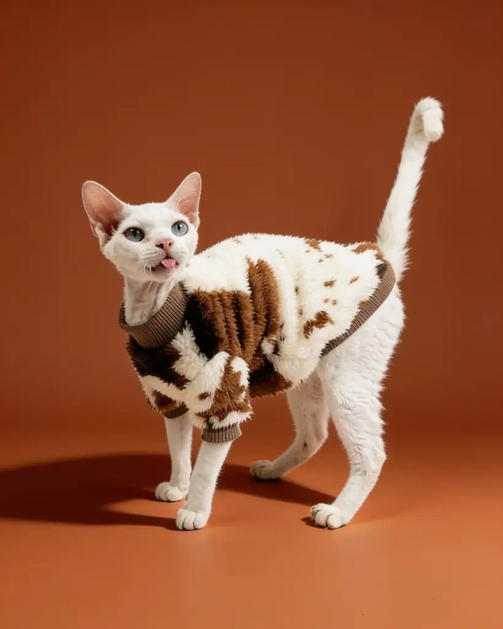 Sphynx cat wearing a soft double-sided fleece sweater for winter warmth