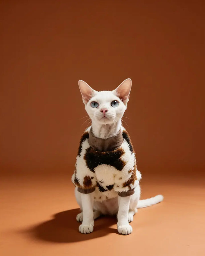 Sphynx cat wearing a brown and black patterned sweater for winter warmth