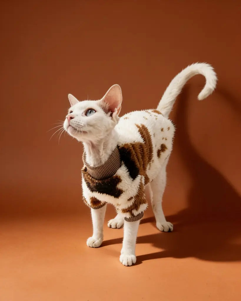 Sphynx cat wearing a brown and black patterned sweater for winter warmth