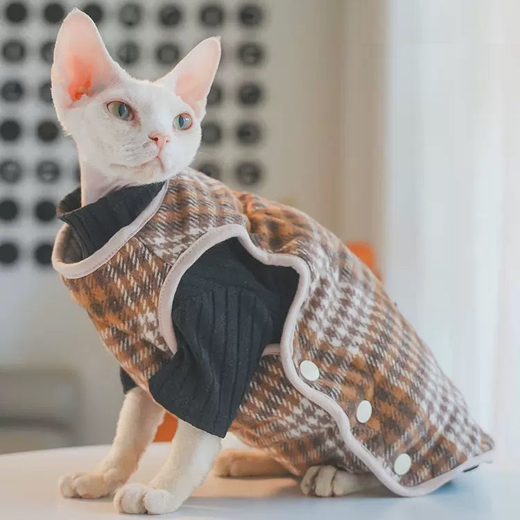 Plaid Side Button Vest Sphynx Cat Jacket