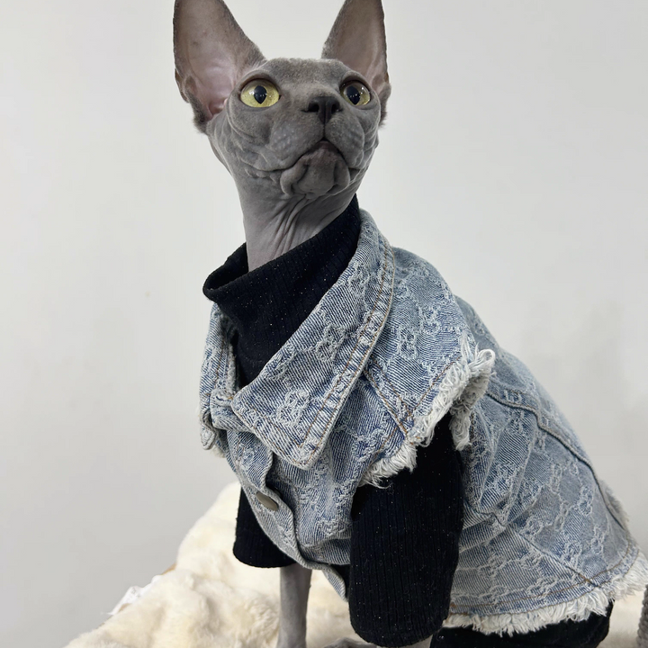 Vintage Denim Vest Sphynx Cat Denim Jacket