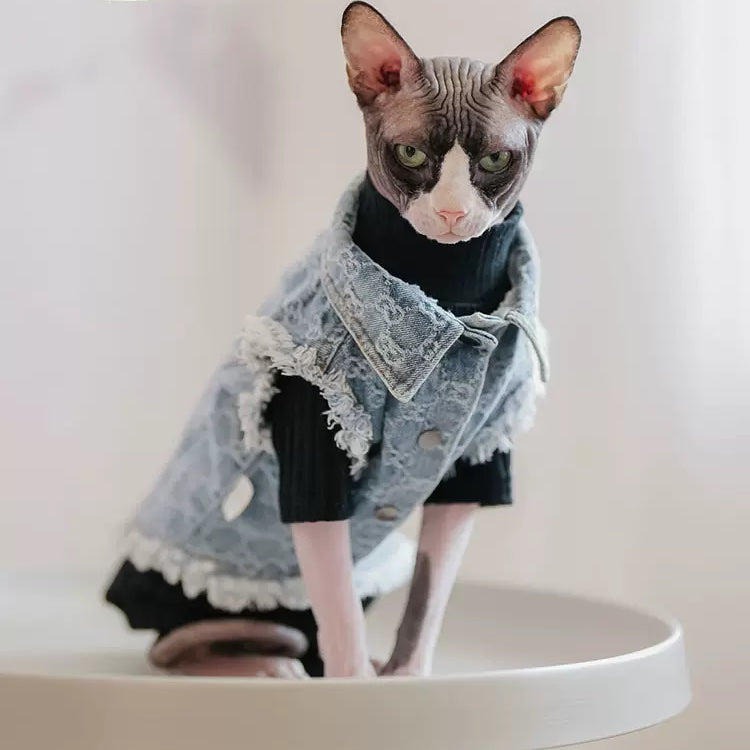 Vintage Denim Vest Sphynx Cat Denim Jacket XS - Main Image