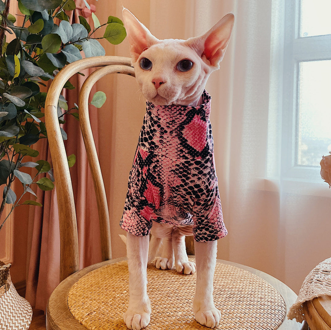 Snake Print Slim Fit Sphynx Clothes, Highneck Sphynx Tops, Hairless Cat Clothes, Spring Summer Clothes, Sphinx Clothes, Devon Rex Clothes