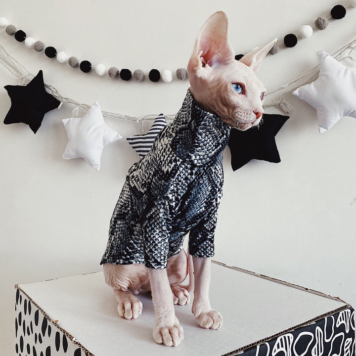 Snake Print Slim Fit Sphynx Clothes, Highneck Sphynx Tops, Hairless Cat Clothes, Spring Summer Clothes, Sphinx Clothes, Devon Rex Clothes