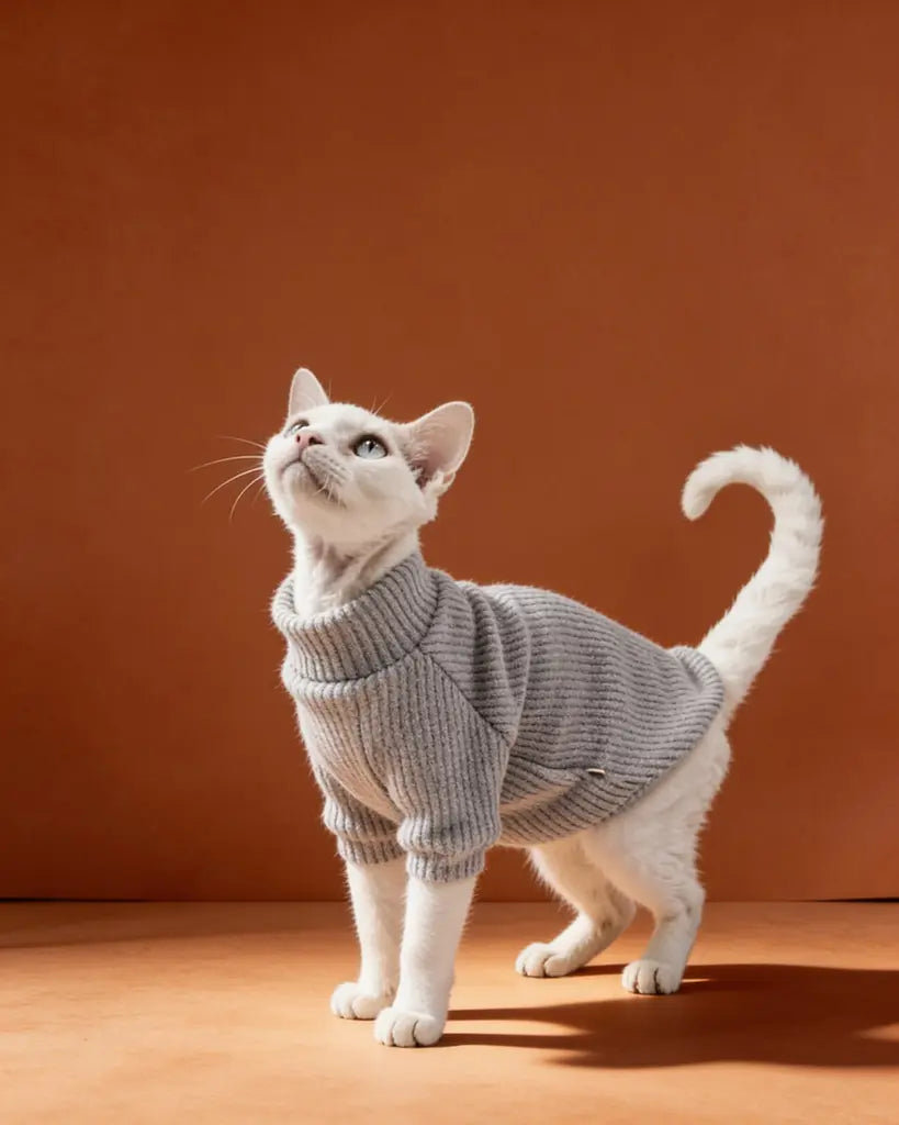 White Sphynx cat wearing a soft gray ribbed knit sweater for fall and winter warmth.