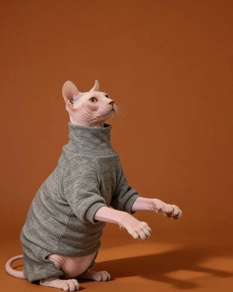 A hairless Sphynx cat wearing a gray pet turtleneck onesie.