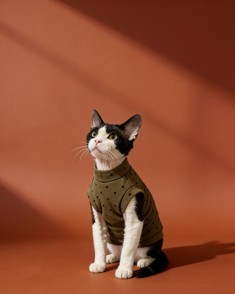 Sphynx cat wearing cute heart-print winter short sleeve shirts