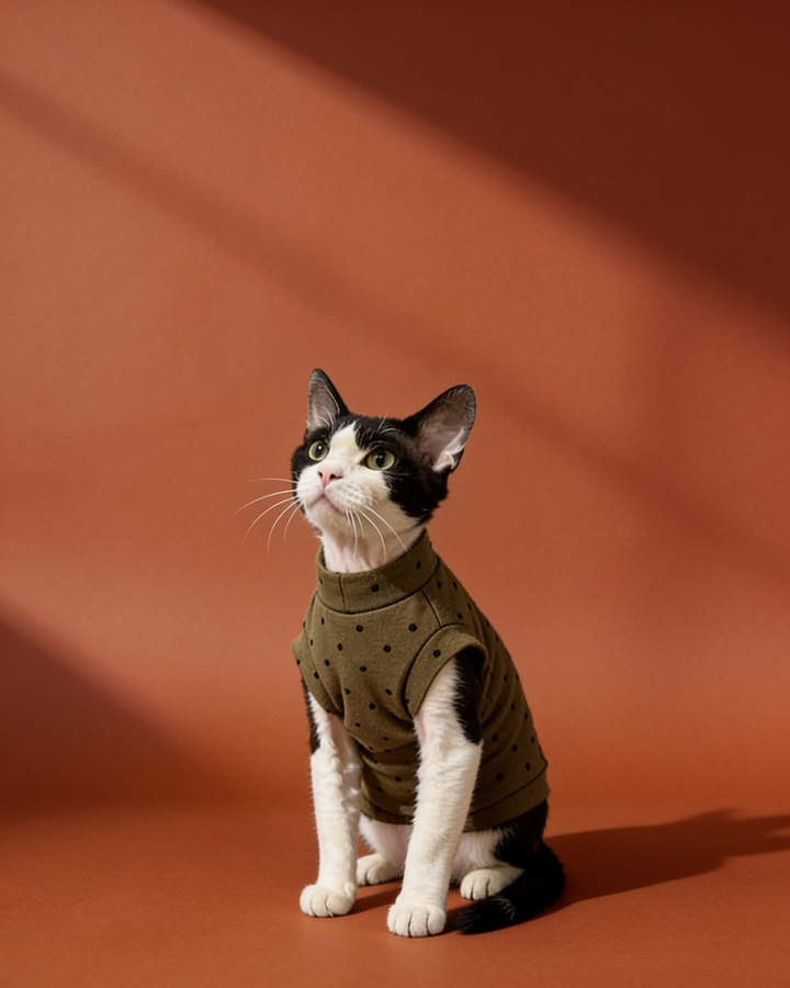 Sphynx cat wearing cute heart-print winter short sleeve shirts