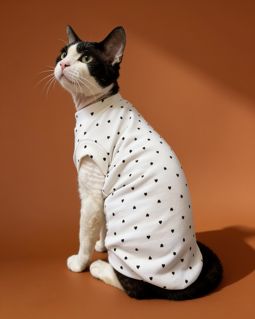 Sphynx cat wearing cute heart-print winter short sleeve shirts