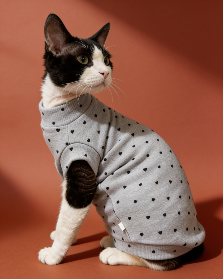 Sphynx cat wearing cute heart-print winter short sleeve shirts