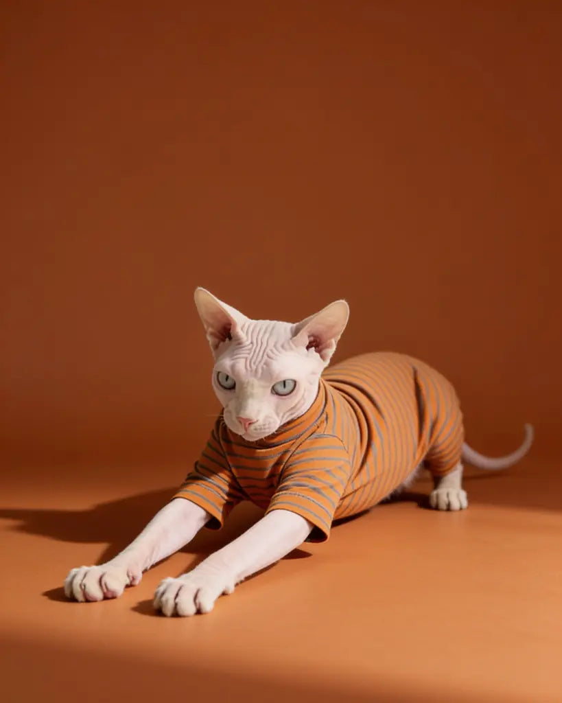 Sphynx cat wearing an orange and gray striped cotton onesie